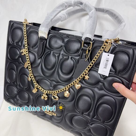 NWT Bundle Coach Large Maggie Tote Bag CY672 Black & CCE78 Long Chain Charm Gold - Picture 4 of 10